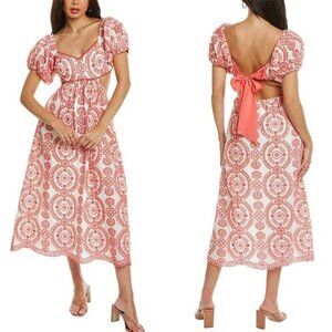 Saylor Therese Midi Dress 8 Red/White Open Back Tie/Bow Puff Sleeve Embroidery